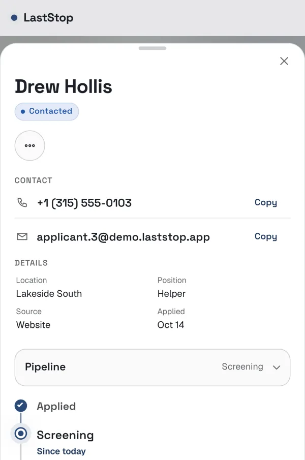 An applicant's file in LastStop for a demo company: contact details, location, position, source, and the hiring pipeline from applied to hired.