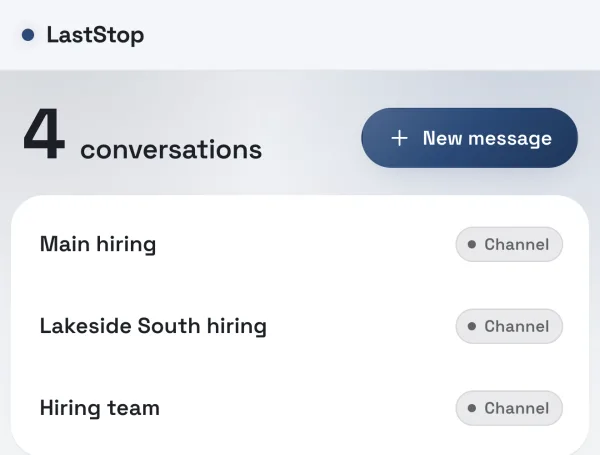 The Messages page in LastStop for a demo company, listing its hiring channels.